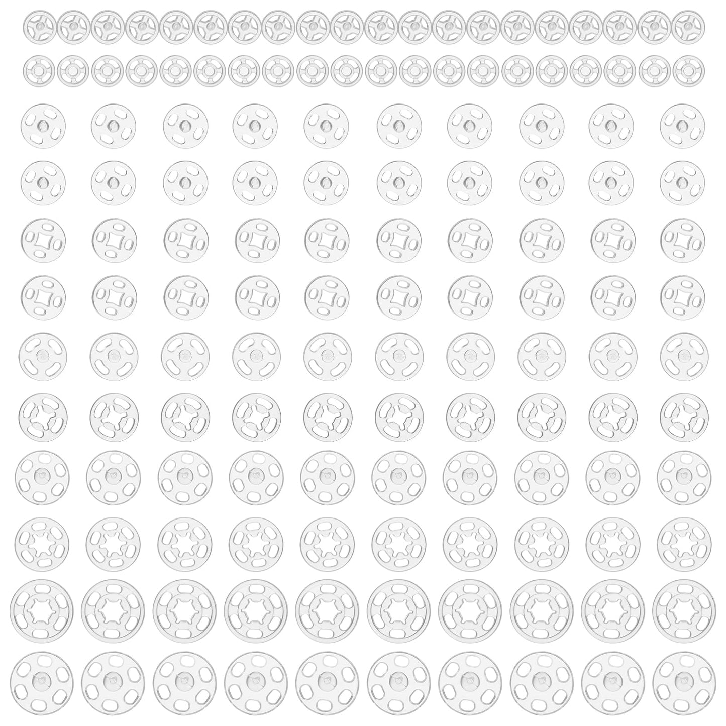 AOZUO 140 Sets Plastic Sew on Snaps, Invisible Snap Fasteners Buttons Snap Round Clear Press for Sewing Shirts Clothing DIY Craft Button Replacement 7mm 10mm 12mm 15mm 20mm