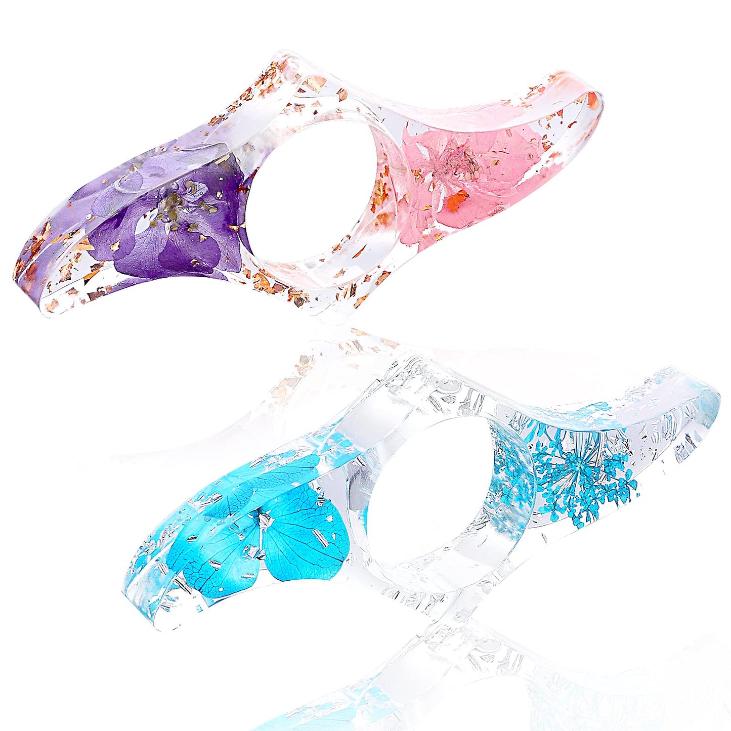 cobee Resin Dried Flower Book Page Holder, 2 Pieces Transparent Handmade Bookmark Floral Book Holder Thumb Reading Ring Book Opener Reading Accessories for Book Lovers(Purple+Blue)