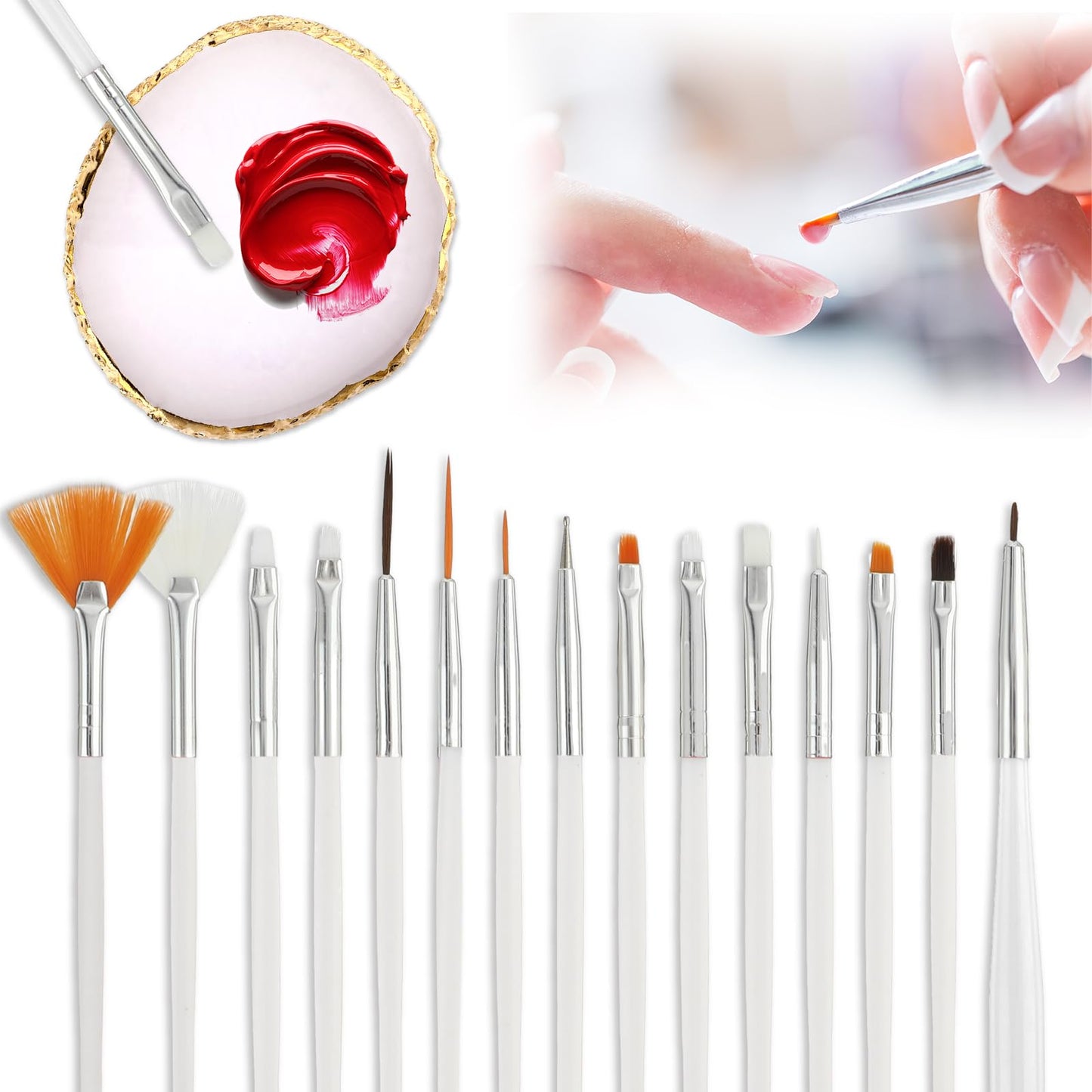 Amabro Nail Art Tool Set 15 PCS Nail Art Brushes Resin Nail Art Painting Palette Detail Brush Nail Dotting Pen for Makeup Beauty Nail Art Hand-Painted Toning Salon DIY Manicure (White)