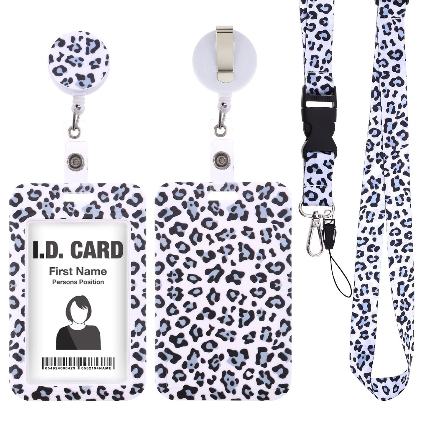 cobee Retractable Badge Holder with Lanyard, Leopard Print ID Badge Holder with Detachable Lanyard Carabiner Scroll Clip Plastic Vertical ID Card Protector for Women Nurses Office School(White)