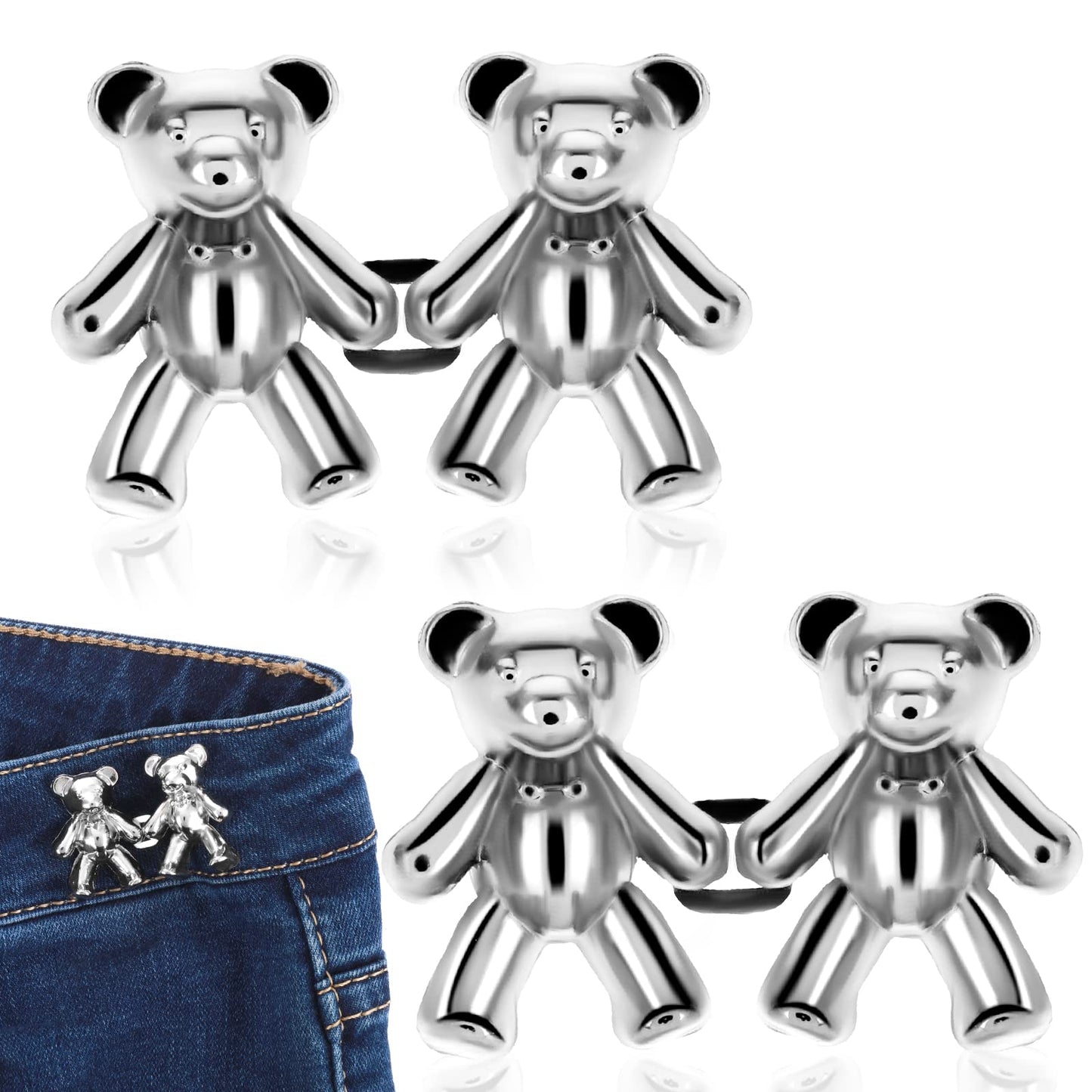 cobee Bear Jean Button Pin, 2 Set Pant Waist Tightener Adjustable Waist Buckles Detachable Pants Clips No Sewing Required for Pants Jean (Silver)
