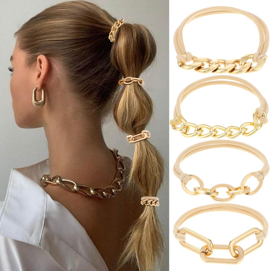 AOZUO 4 Pack Women's Gold Hair Elastics Elastic Bands Metal Hair Bands Ponytail Holder Hair Accessories Rubber Hair Bands (Gold)