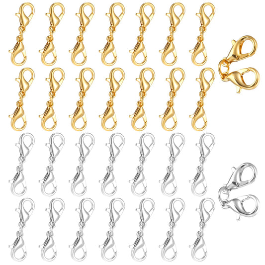 LXUEJIE 30 PCS Double Lobster Clasp, Gold Silver Double Lobster Clasp Necklace Extender Connector Necklace Clasp Replacement Bracelet Safety Clasps for DIY Jewelry Making