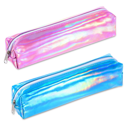 Amaxiu Holographic Pen Pencil Case, 2Pcs Colorful Pencil Pouch Small Stationary Bag Waterproof Pencil Organizer Aesthetic Makeup Bag Iridescent Bag Pencil Pouch for Women (Blue+Red)