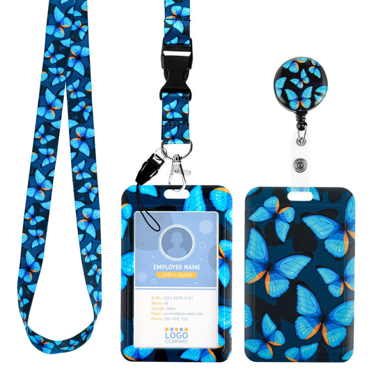 Butterfly Badge Holder with Lanyard, Retractable Badge Reel Clip Key Cruise Ship Cards Lanyard Cute ID Card Holder with Breakaway Lanyard Vertical ID Badge Holder Keychain for Women(Blue)