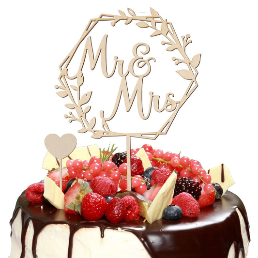 AOZUO Mr. and Mrs. Wedding Cake Attachment, Wooden Wedding Cake Attachment, Bride and Groom Wedding Cake Decoration Wooden Heart Shaped Attachment for Anniversary Parties (24 x 16 cm)