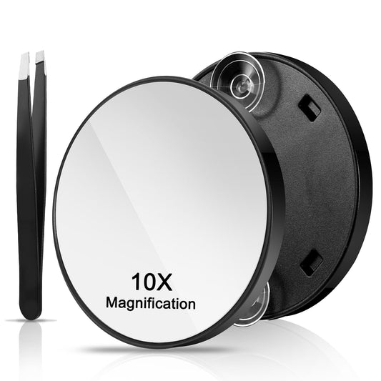 AOZUO Cosmetic Mirror with Suction Cup, 10 x Magnification Hand Mirror with Tweezers Set, 9 cm Diameter, Bathroom Portable Cosmetic Mirror for Travel, Makeup, Home, Bathroom (Black)