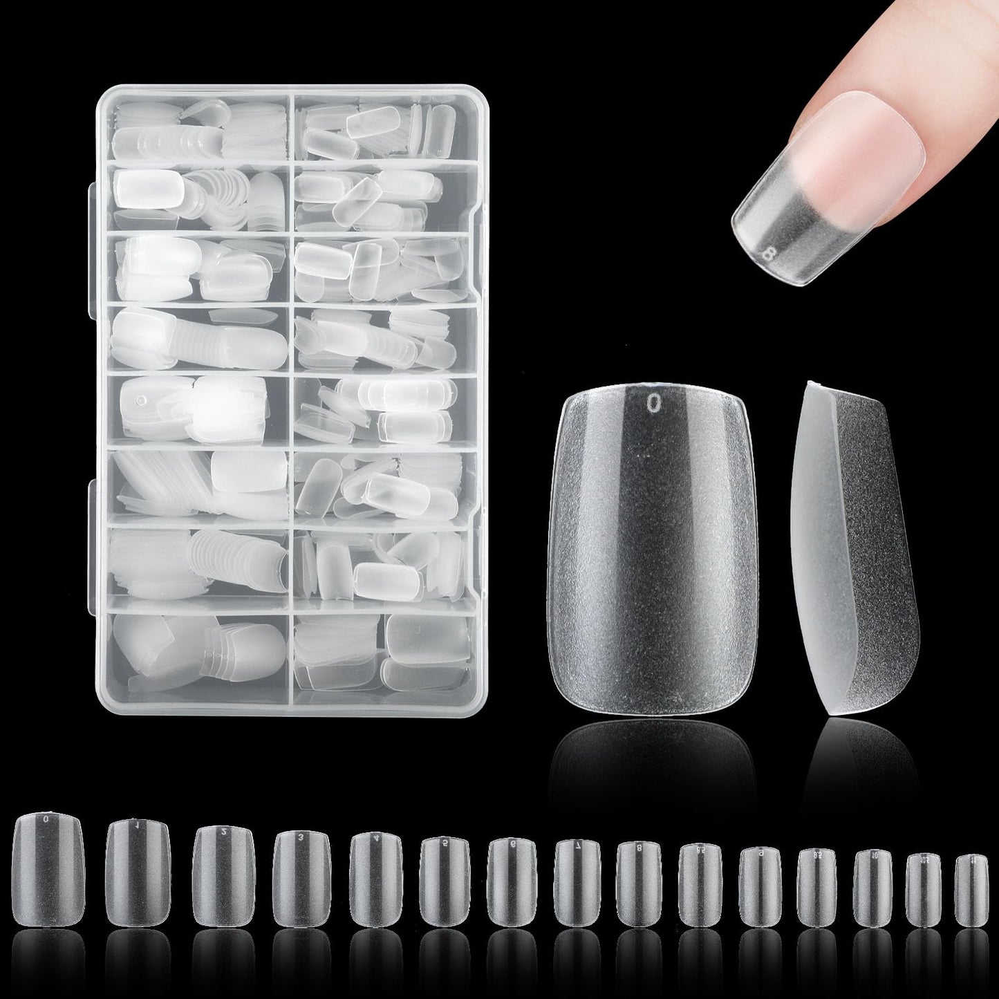 cobee PMMA False Press on Nails Long, 450pcs Pre-Etched Soft Gel Clear Matte Nail Tips 2mm Ultra Thin Full Cover Fake Nail Tips for Extension Nart Salon or Home DIY Nail Art, 15 Sizes(Square)