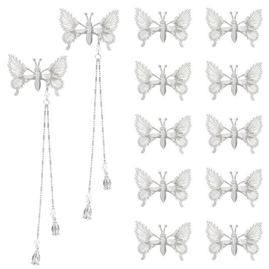 Amaxiu Moving Butterfly Hair Clips, 12 Pcs 3D Metal Butterfly Hairclips with 2 Pcs Tassel Cute Hollow Butterfly Hair Pins Move Wedding Hair Clamps Hair Styling Accessories for Women Gril (Sliver)