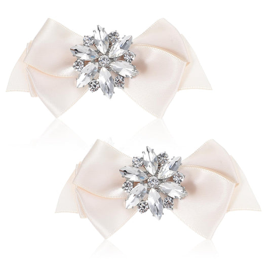 Amabro 2PCS Bows Shoe Clips, Rhinestone Bow Knots Shoe Buckle Decors, Detachable Crystal Fashion Shoe Charm Accessory for Heels Bridal Wedding(White)