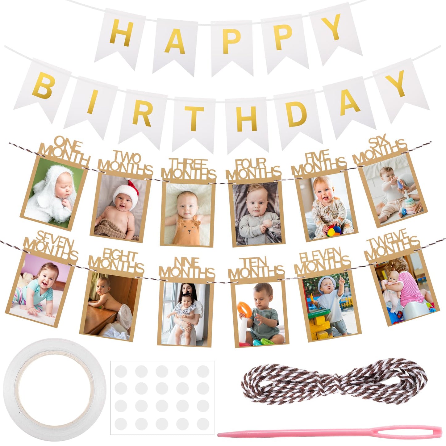 Yuanchu Photo Garland 1st Birthday Set, Happy Birthday Banner Baby First Birthday Photo Banner for 1 to 12 Months Kraft Paper Frame Birthday Garland Hanging Wall Decoration for Boys Girls