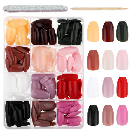 Amaxiu 288Pcs Glossy Press On Nails, 12 Colors Coffin Fake Nails Full Cover Short Nail Oval Shape False Nails Artificial Fingernails with 1 Nail File 1 Cuticle Stick for Women Girls(Glossy)