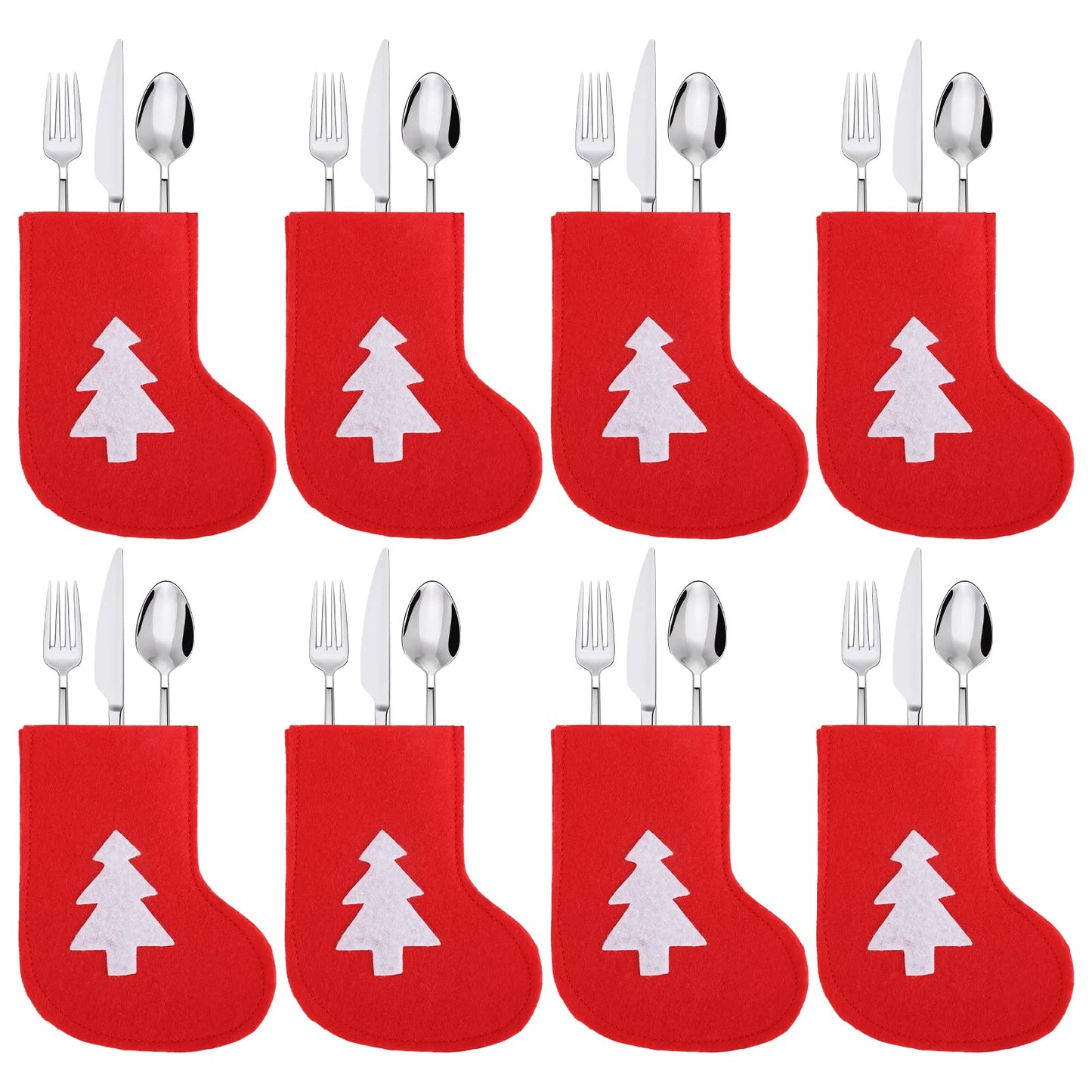 cobee Christmas Cutlery Holders, 8 Pcs Chrismas Socks Tableware Xmas Socks Christmas Tree Silverware Cutlery Holders Pocket Knifes Forks Bags Dinnerware Decorations for Home Party(Christmas Sock)