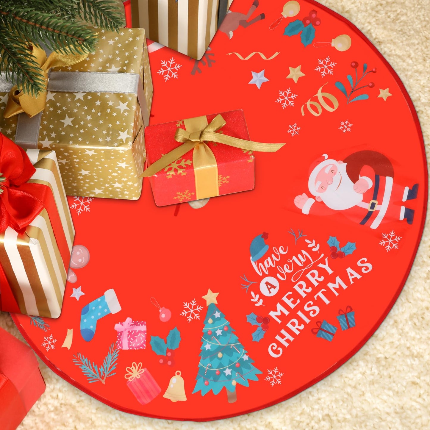 simarro Big Christmas Tree Skirts, 36 Inch Xmas Tree Skirts Merry Christmas Snowflake Rustic Farmhouse Christmas Tree Mat Ornaments for Indoor Outdoor Holiday Party