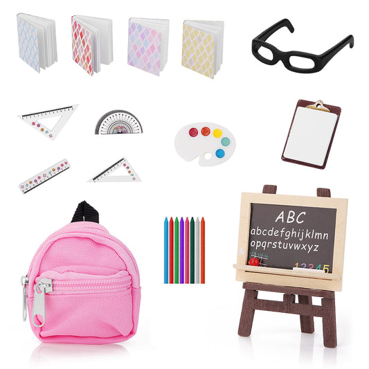 Cobee 22 PCS Miniature Doll School Supplies, 1:12 Dollhouse Mini School Set Doll Miniature Book Backpack Blackboard Clipboard Rulers Crayon Playset Doll House School Accessories