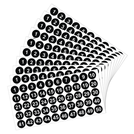 Cobee 1 to 50 Number Stickers, 500Pcs 10 Sheets Vinyl Number Stickers, Self-Adhesive Waterproof Numbered Stickers for Inventroy Sorting Storage Boxes Organizing School Office Supplies(Black, 1 Inch)