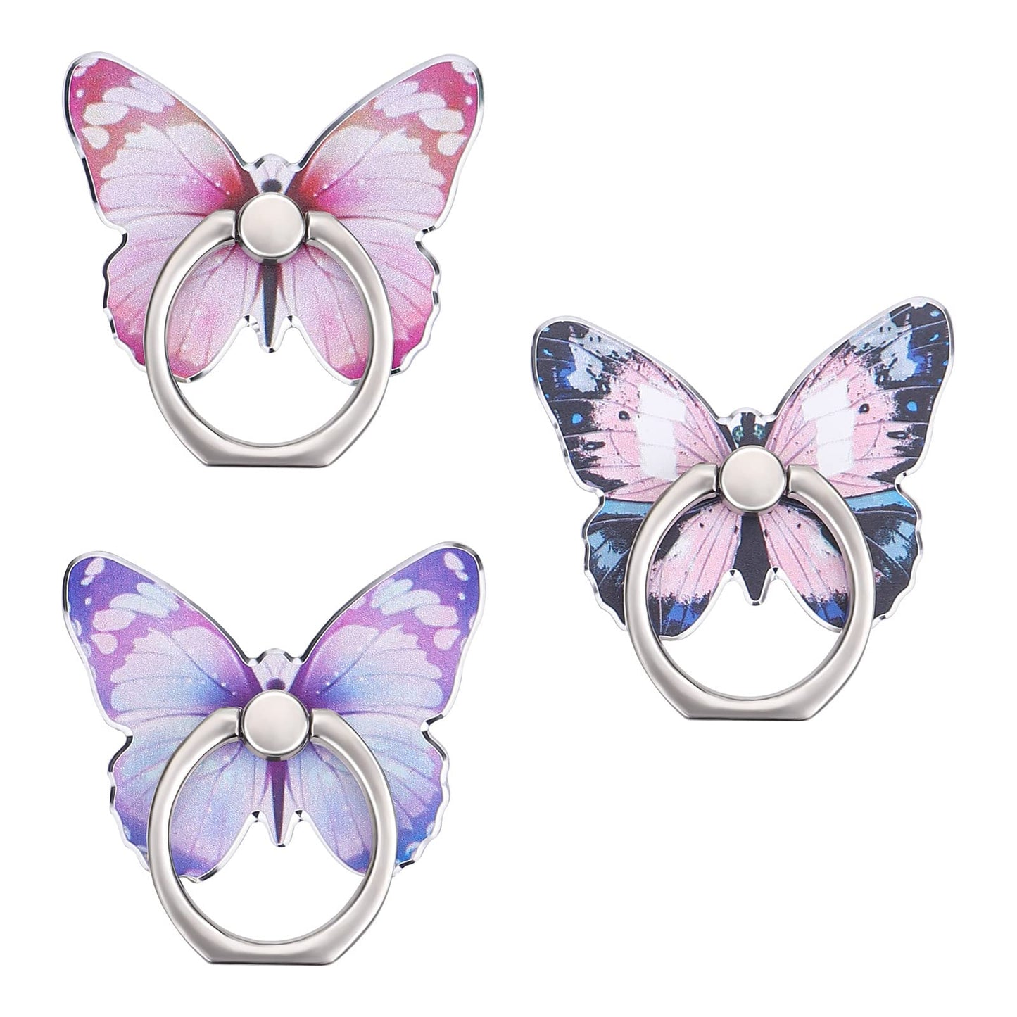 TIESOME Cute Buttery Phone Stand Holder, 3 Pcs Butteryfly Cell Phone Ring Stand Holder 360°Rotation Metal Kickstand Compatible with Most Smartphones Hand Grip with Knob Loop(Pink, Blue, Purple)
