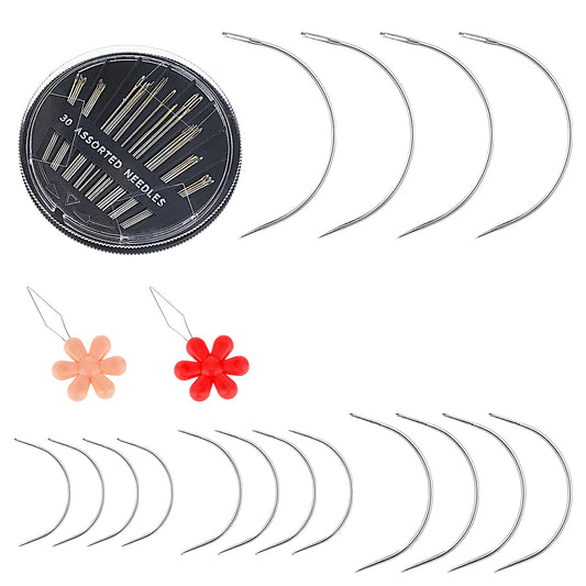Jeffdad 16 Pcs Curved Sewing Needles, 30 Pcs Hand Sewing Needles with 2 Threaders for Sewing Repair, Curved Hand Sewing Needles for Upholstery, Leather, Carpet Canvas Repair