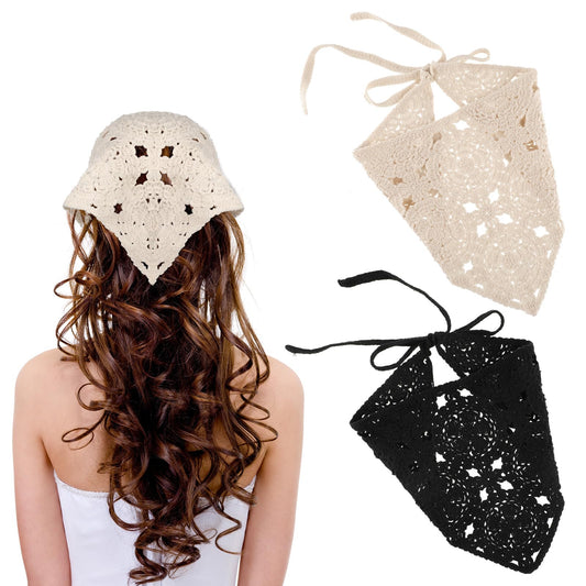 Jeffdad 2Pcs Crochet Headbands, Cute Style Hand Knitted Headband Women's Girls Hair Accessories Knitted Crochet Headscarf Triangle Scarf (Black + Beige)