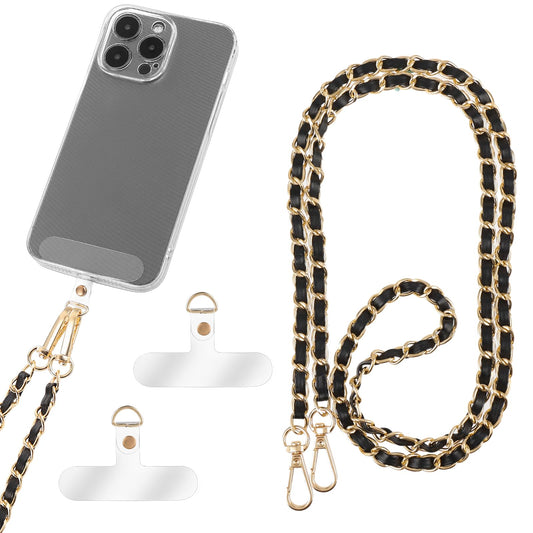 Amaxiu PU Leather Crossbody Phone Lanyard For Women, Metal Neck Phone Charm Cell Phone Chain Strap Hands Free Cellphone Neck Strap Grip Compatible With Most Smartphones(Black)