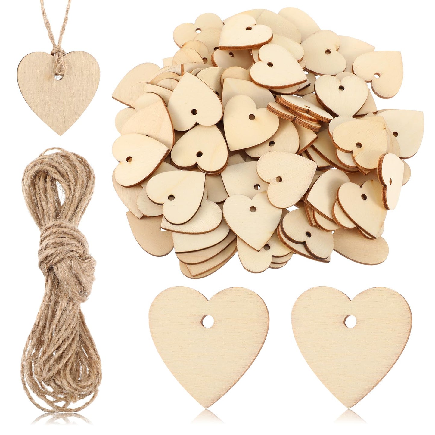 XLIUAX Pack of 100 Wooden Hearts for Labelling, Wooden Hearts Decoration, 3 cm Wooden Hearts with 10 m Jute Cord, Wooden Pendant, Wooden Heart Discs Wedding Decoration with Hole Confetti Hearts Wood