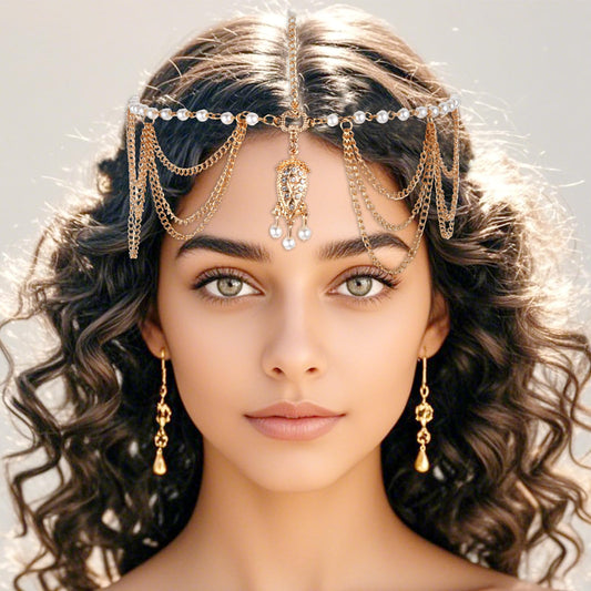 JJUNW Boho Sequin Head Chain, Gold Prom Headpiece Hair Chains, Festival Costume Headband for Women (Pearls)