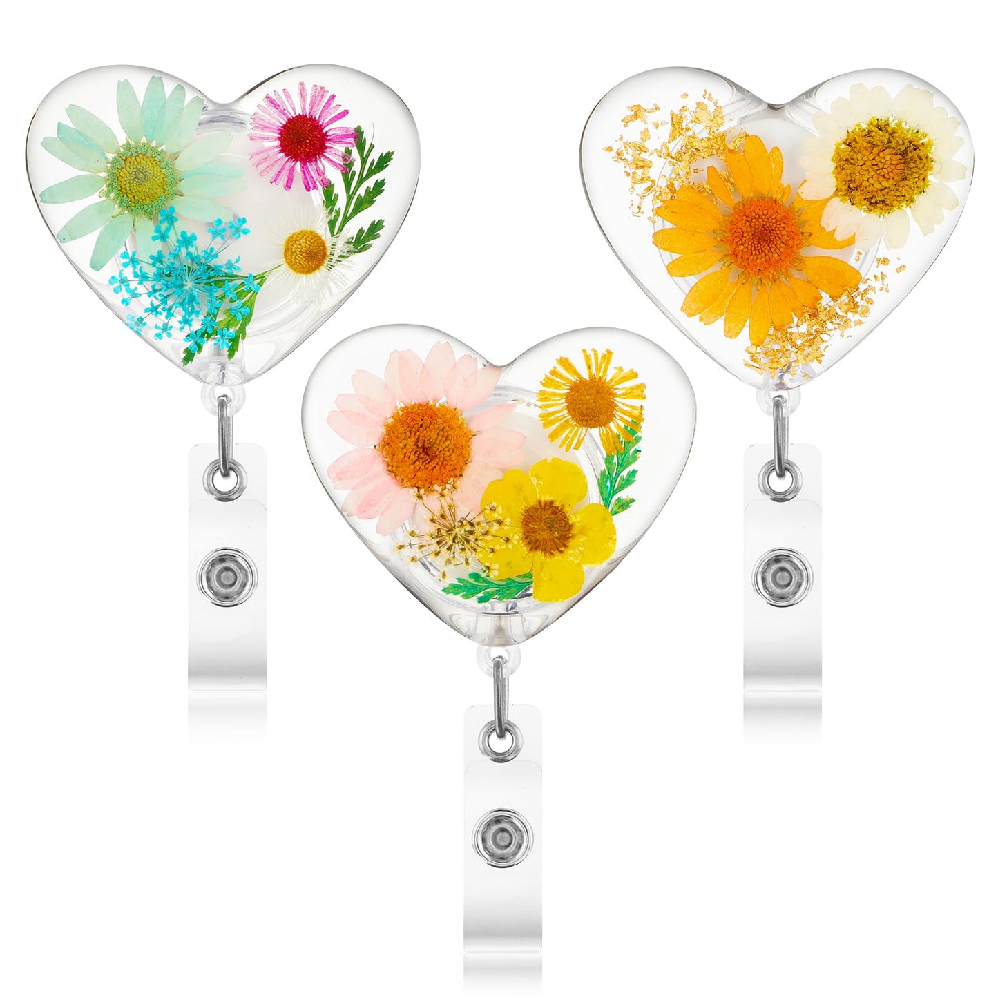 TIESOME 3 Pcs Dried Flower Badge Holder Reel, Cute Heart Shape Retractable Badge Reel Aesthetics Floral ID Card Holder Reels Cute Resin Badge Clip for Teacher Nurse Doctor Office Gift