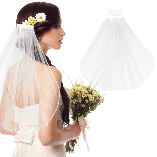 Amaxiu Short Bridal Wedding Veils, Comb Bridal Cathedral Veil 1 Tier Tulle Wedding Headpiece First Communion Veils Flower Girl Veil Headband Accessories for Bachelorette Party, 15"(Rhinestones Style)