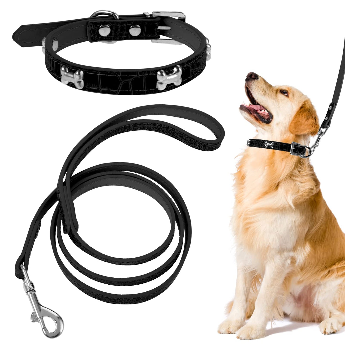 Cobee Small Dog Collar and Leash Set, Cute Bone Shaped Pattern Pet Collars with Alligator Texture Leashes for Small Boys Girls Dogs Puppies, Adjustable Dog Training Running Accessories(Black)