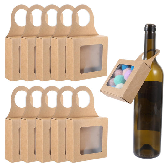 Jeffdad 10PCS Kraft Paper Wine Bottle Box with Window, Hanging Foldable Gift Boxes Wine Boxes Decoration Bottle Hanger Favor Box for Kitchen Dining Engagement Christmas Mother's Day (Kraft paper)