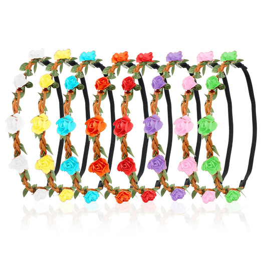 Andibro 8 Pcs Rose Paper Flower Headband, Hair Band Floral Crown Garland Floral Wedding Headpieces with Elastic Ribbon Handmade Hair Accessories