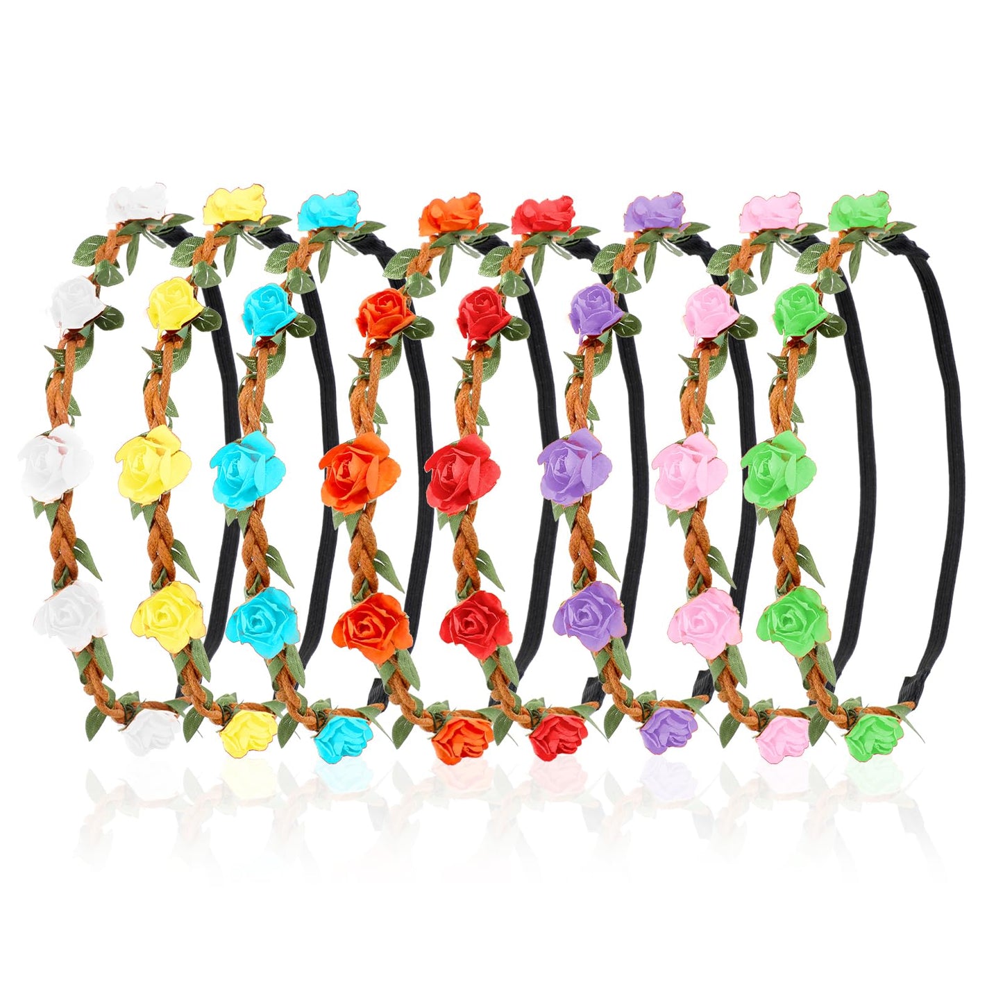 Andibro 8 Pcs Rose Paper Flower Headband, Hair Band Floral Crown Garland Floral Wedding Headpieces with Elastic Ribbon Handmade Hair Accessories