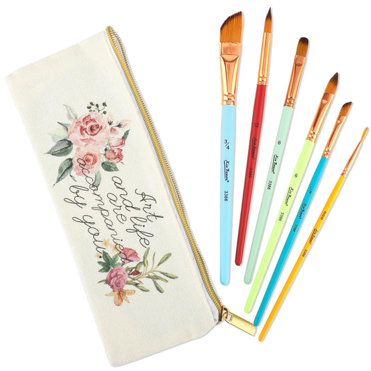 Bewudy Travel Watercolor Brushes for Artists with Pouch, 6 Watercolor Paint Brushes for Beginners & Pros, Water Color Brushes, Detail Brush Pointed Rounds, Dagger, Oval Wash for Water Color, Gouache