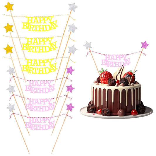 AOZUO Pack of 6 Happy Birthday Decoration, Happy Birthday Cake Decoration, Garland, Cake Topper, Birthday Banner, Bunting, Star Cake Topper, Party Decorations for Birthday Party Decorations, Party