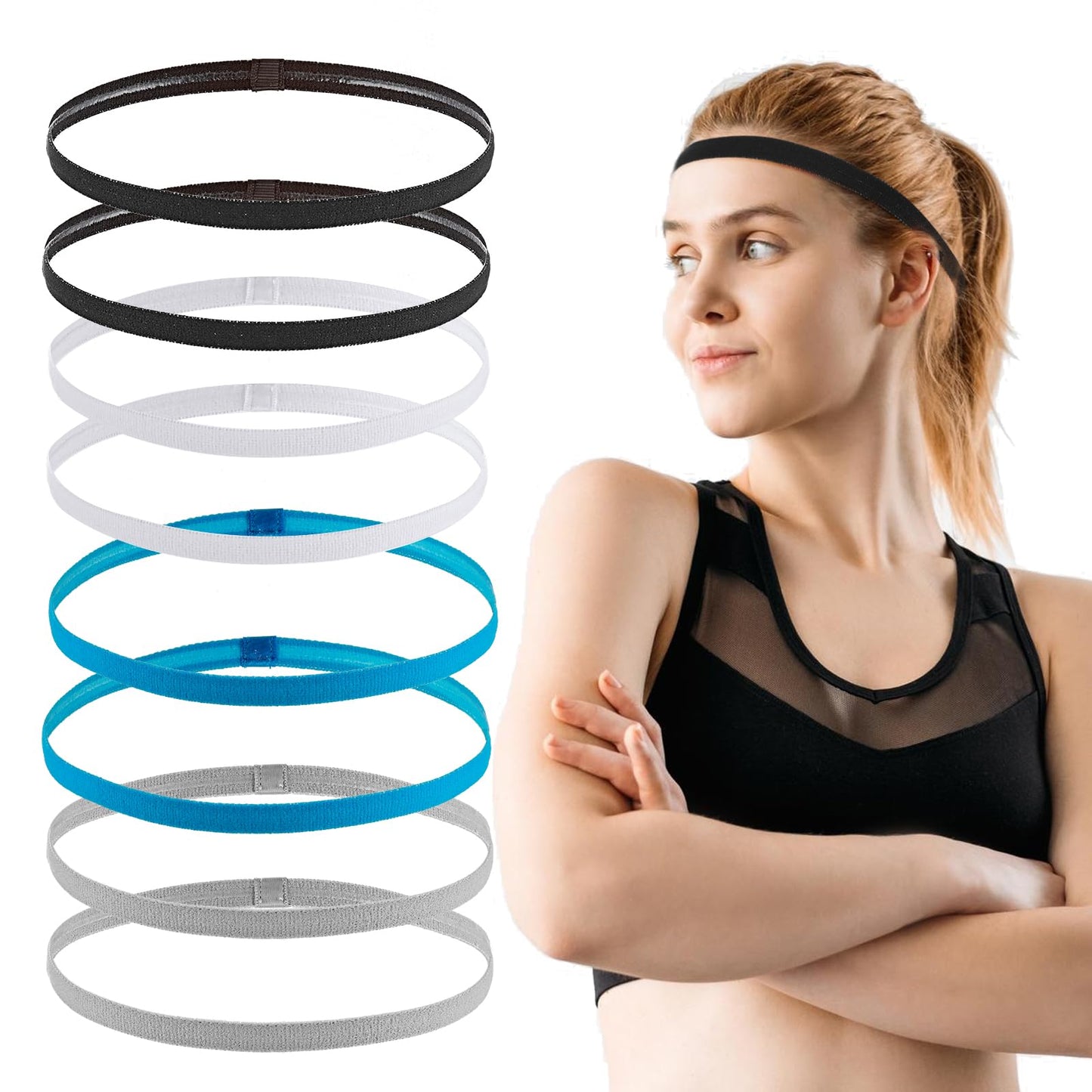 TIESOME 8Pcs Elastic Sports Headbands, Thin Athletic Head Bands Non Slip Workout Headbands Women Men Elastic Hair Band for Boy Girl Running Soccer Football