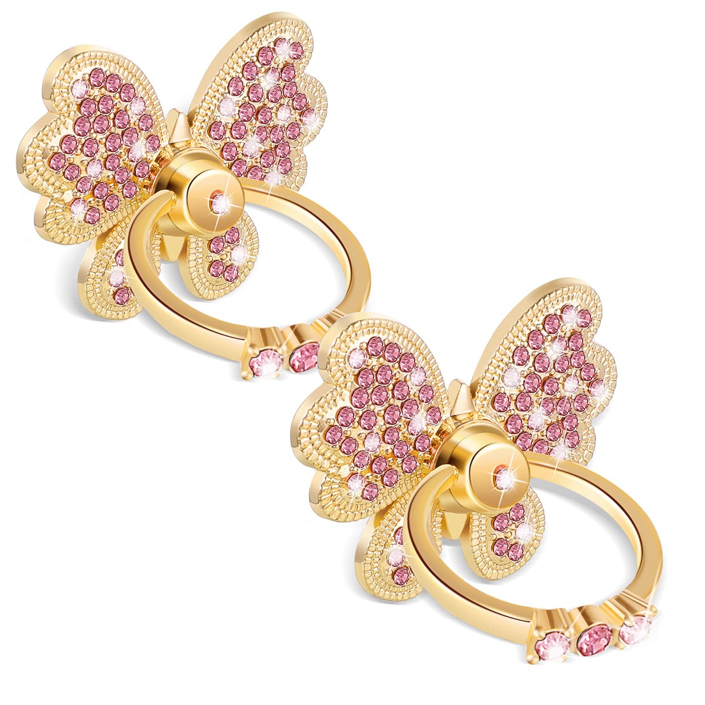 cobee Cell Phone Butterfly Ring Holder, 2 Pcs Glitter Sparking Butterfly Finger Ring Stand with Rhinestones, 360° Rotation/180° Flip Metal Phone Ring Grip Kickstand Compatible with Smartphones(Pink)