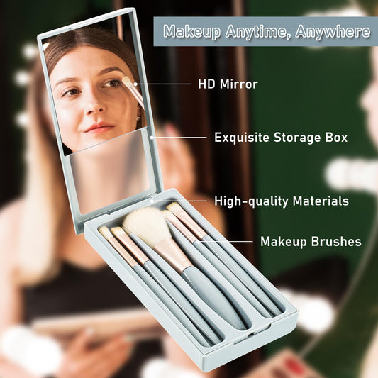 AOZUO Travel Makeup Brush Set, 5PCS Mini Make up Kit with a Storage Box and Built-in Vanity Mirror Portable Facial Cosmetic Brushes for Blush Eyeshadow Contour Concealer(Blue)