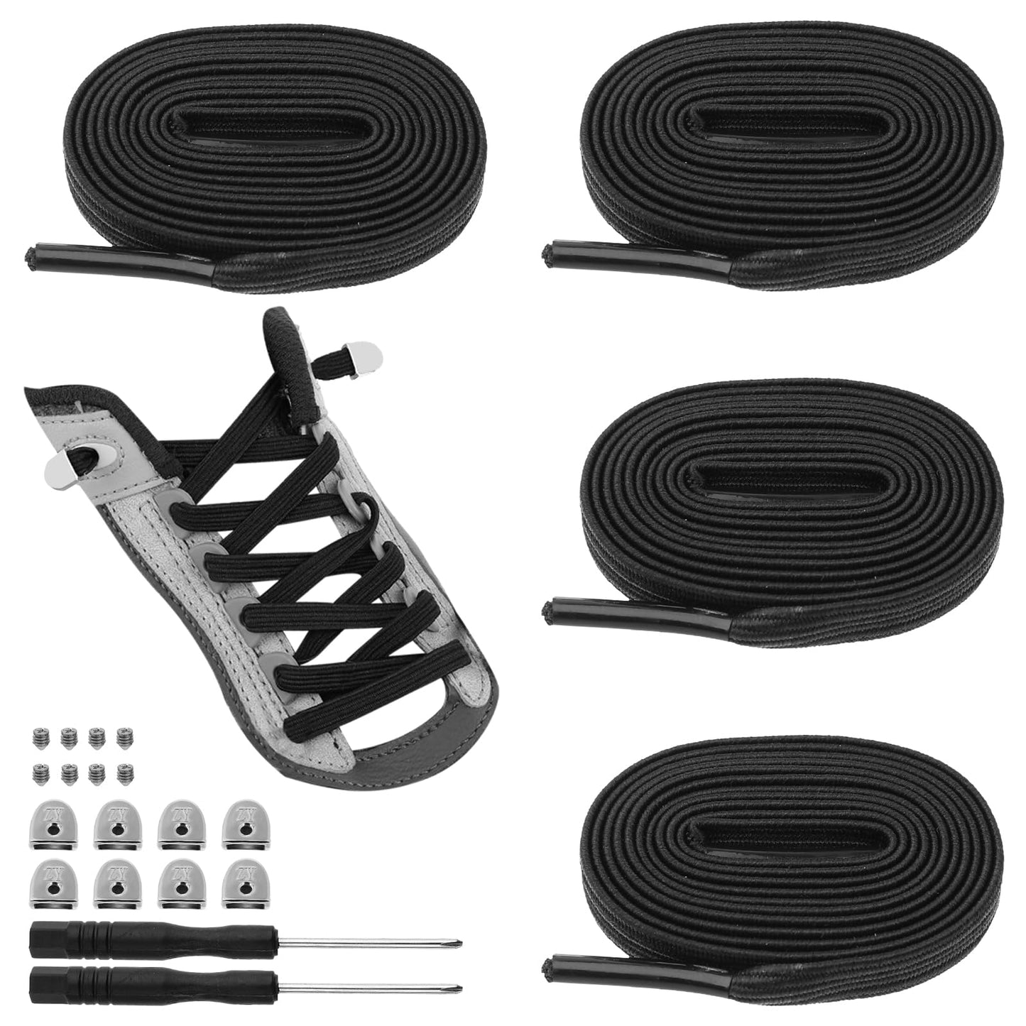 TIESOME 2 Pairs Elastic No Tie Shoelaces For Kids and Adults, Elastic Tieless Shoelaces for Sneakers Elastic No Tie Shoe Laces Tieless Flat(Black)