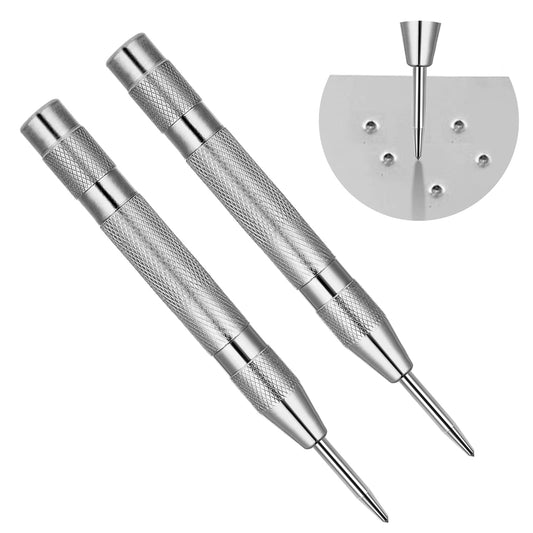 Molain Automatic Center Punch, 2 Pack 5 in Spring Loaded Tension Center Punch Automatic Center Hole Punch with Adjustable One-Handed Spring Impact Premium Steel Tip Machinist Carpenters Tools, Silver