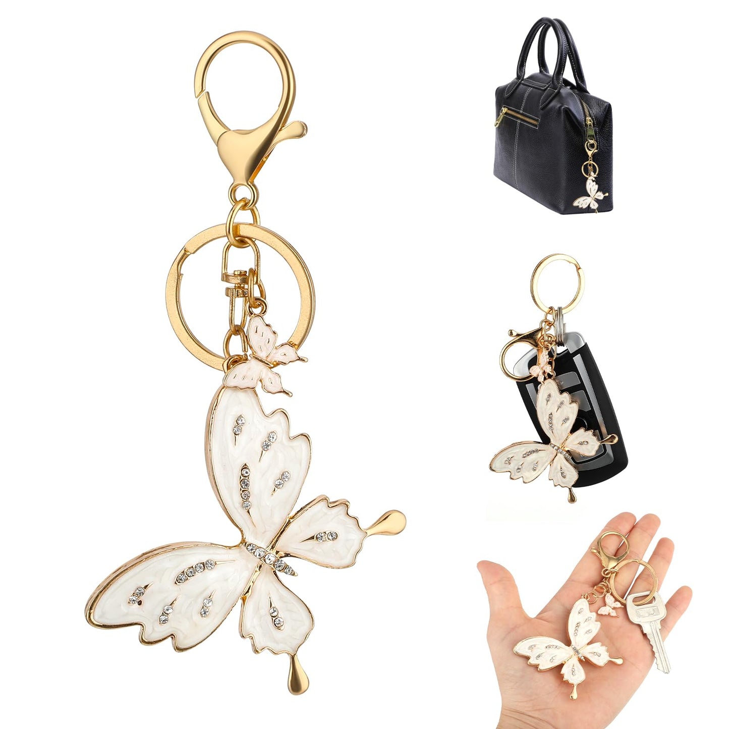 Amabro Butterfly Keychain Rhinestone Bling Keychain Butterfly Pendant for Women Handbags Keychain Accessory Gift(White Gold)