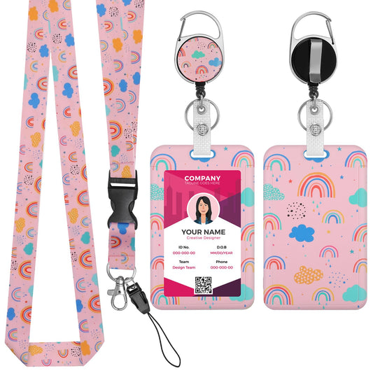 Amaxiu Rainbow Boho Badge Holder with Retractable Reel Clip and Neck Lanyard Vertical ID Card Protector Plastic Name Card Case for Teacher Nurse Doctor (B)