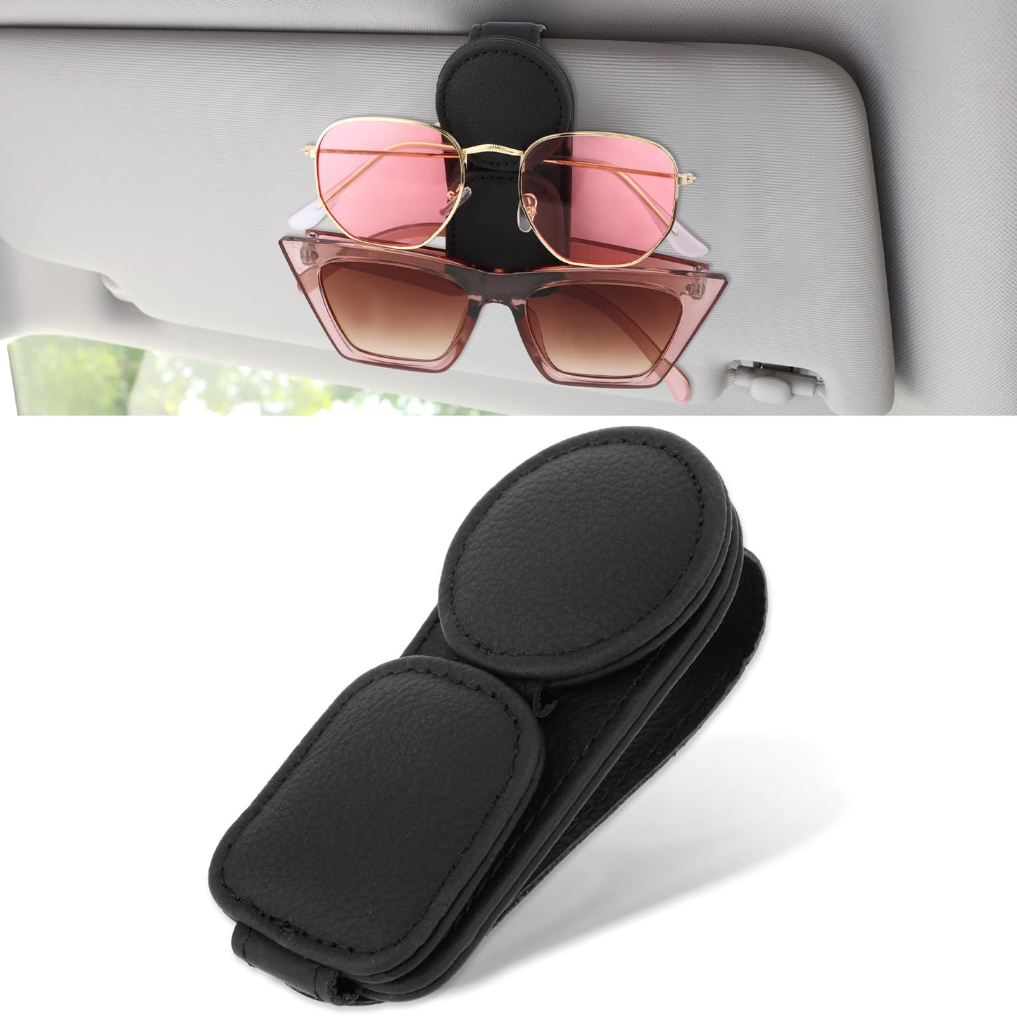 Amabro Double Layer Sunglasses Holder for Car Sun Visor, Magnetic Leather Glasses Eyeglass Hanger Clip for Car Eyeglass Car Mount Universal Car Visor Accessories Gadgets