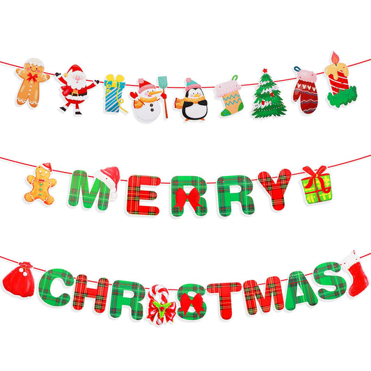 Amaxiu Merry Christmas Signs Banner, Red and Green Plaid Glitter Christmas Hanging Banner Gingerbread Santa Claus Christmas Tree Stocking Stuffers Xmas Party Decorations for Home Fireplace Mantel