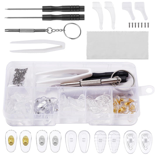 Bewudy Eye Glass Repair Kit, 25Pairs Eyeglass Nose Pads Replacement Repair Tools Kit, Include Nose Pads, Precision Screwdriver Set, Screws, Tweezer, Ear Hooks, Cleaning Cloth