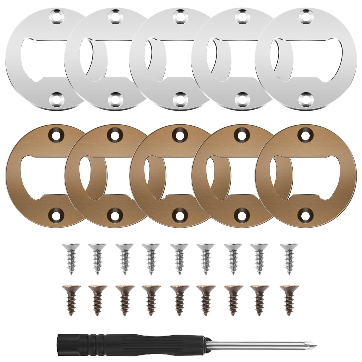 TIESOME Beer Bottle Openers Inserts Kits, 10 Sets Round Bottle Openers Stainless Steel DIY Beer Opener with Screws Screwdriver Bar Bottle Opener for Kitchen Bar Restaurant (Silver+Bronze)
