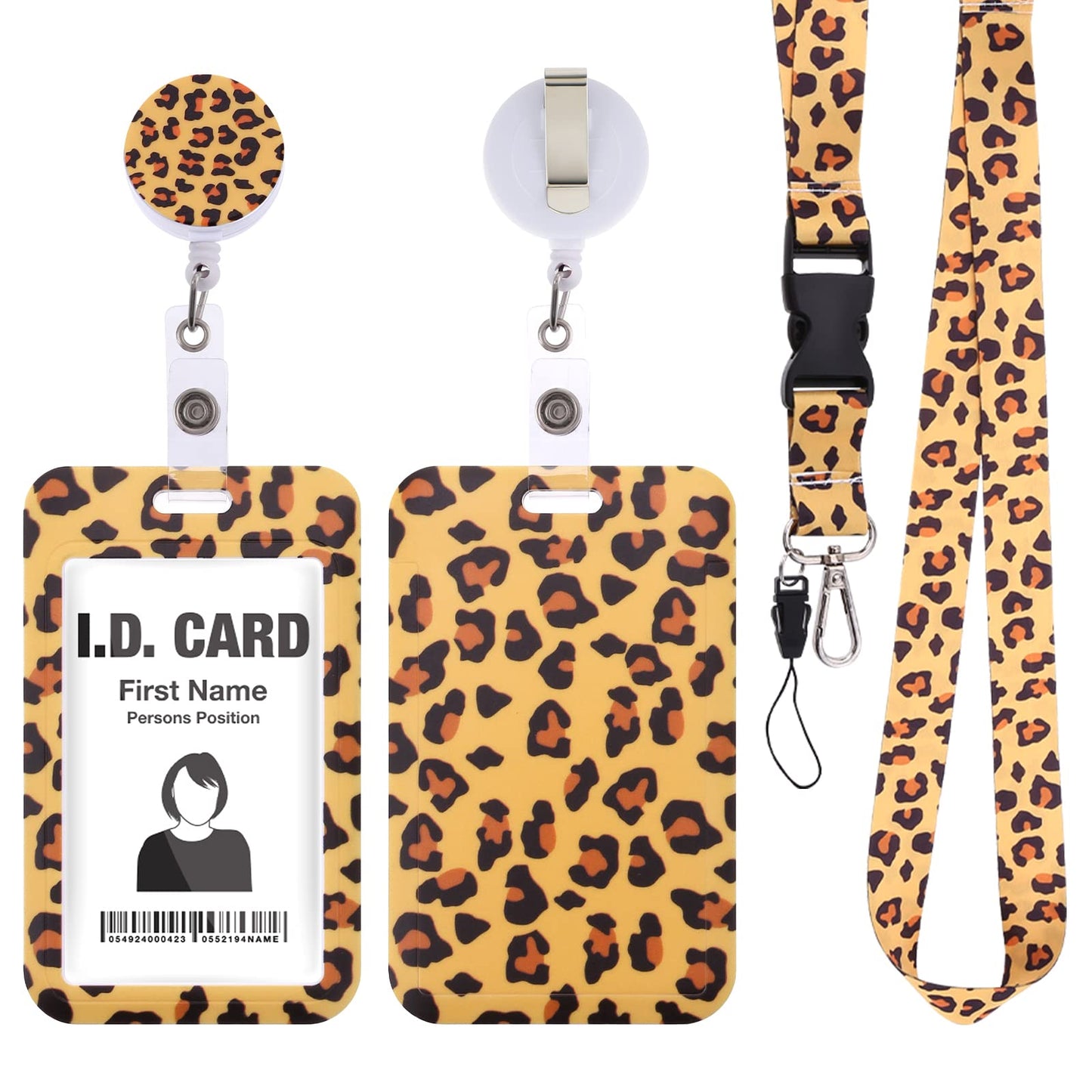 cobee Retractable Badge Holder with Lanyard, Leopard Print ID Badge Holder with Detachable Lanyard Carabiner Scroll Clip Plastic Vertical ID Card Protector for Women Nurses Office School(Yellow)