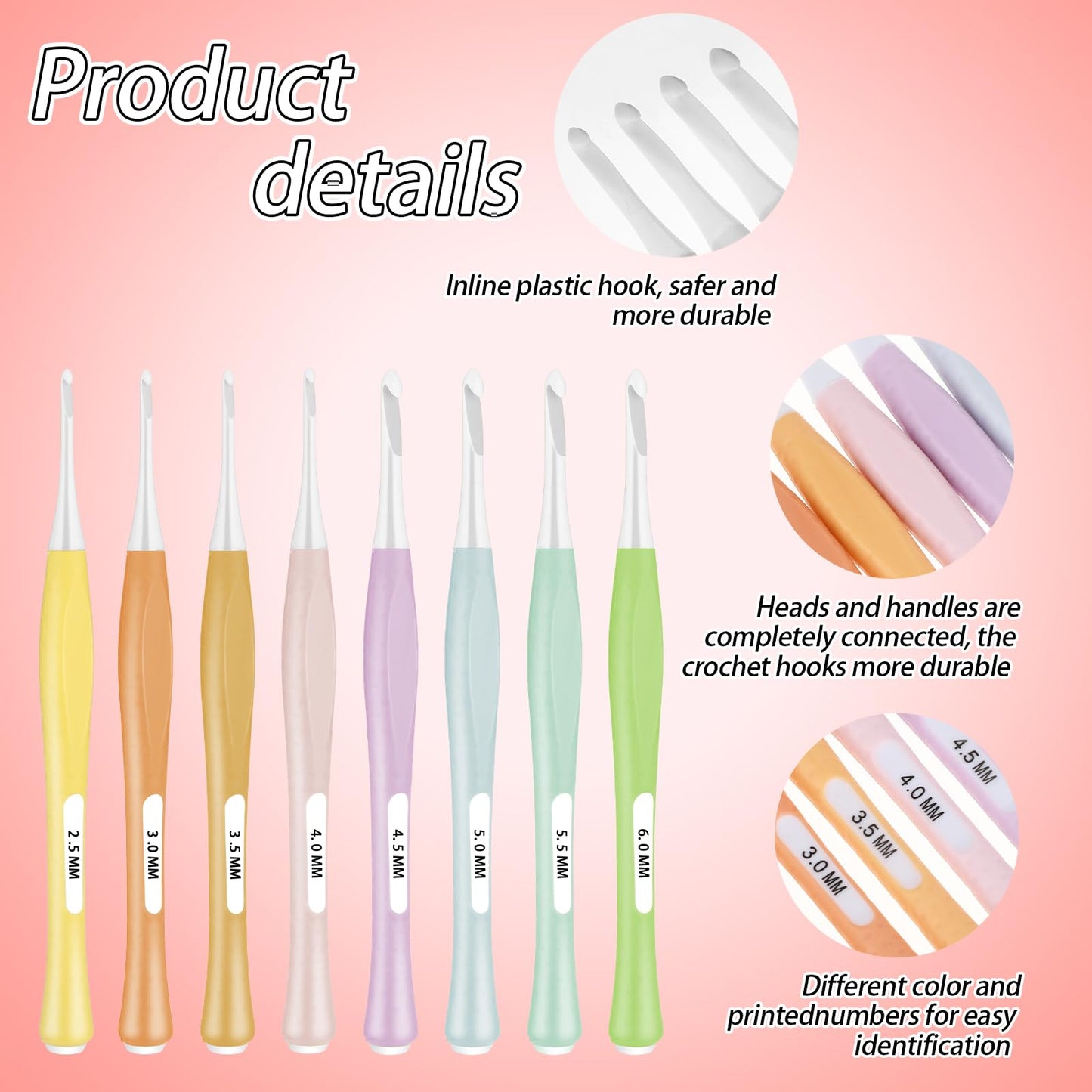 Andibro 8Pcs Crochet Hooks Set, Ergonomic Non Slip in-line Crochet Hooks Beginners Crochet Needle Set Soft Grip Crochet Hooks for Hat Gloves Scarf Knitting DIY 2.5mm-6mm(C-J)