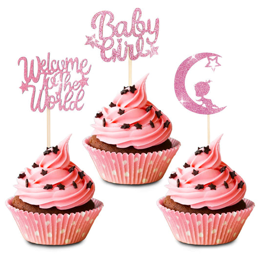 Cobee Baby Shower Cupcake Toppers,24 Pieces Baby Gender Reveal Cupcake Picks Glitter Cake Toppers Baby Birthday Party Cake Decorations Party Supplies (Girl Pink)