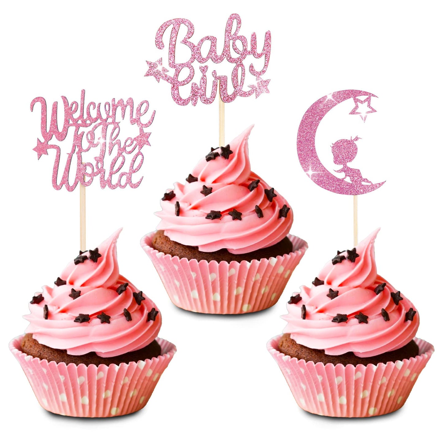 Cobee Baby Shower Cupcake Toppers,24 Pieces Baby Gender Reveal Cupcake Picks Glitter Cake Toppers Baby Birthday Party Cake Decorations Party Supplies (Girl Pink)