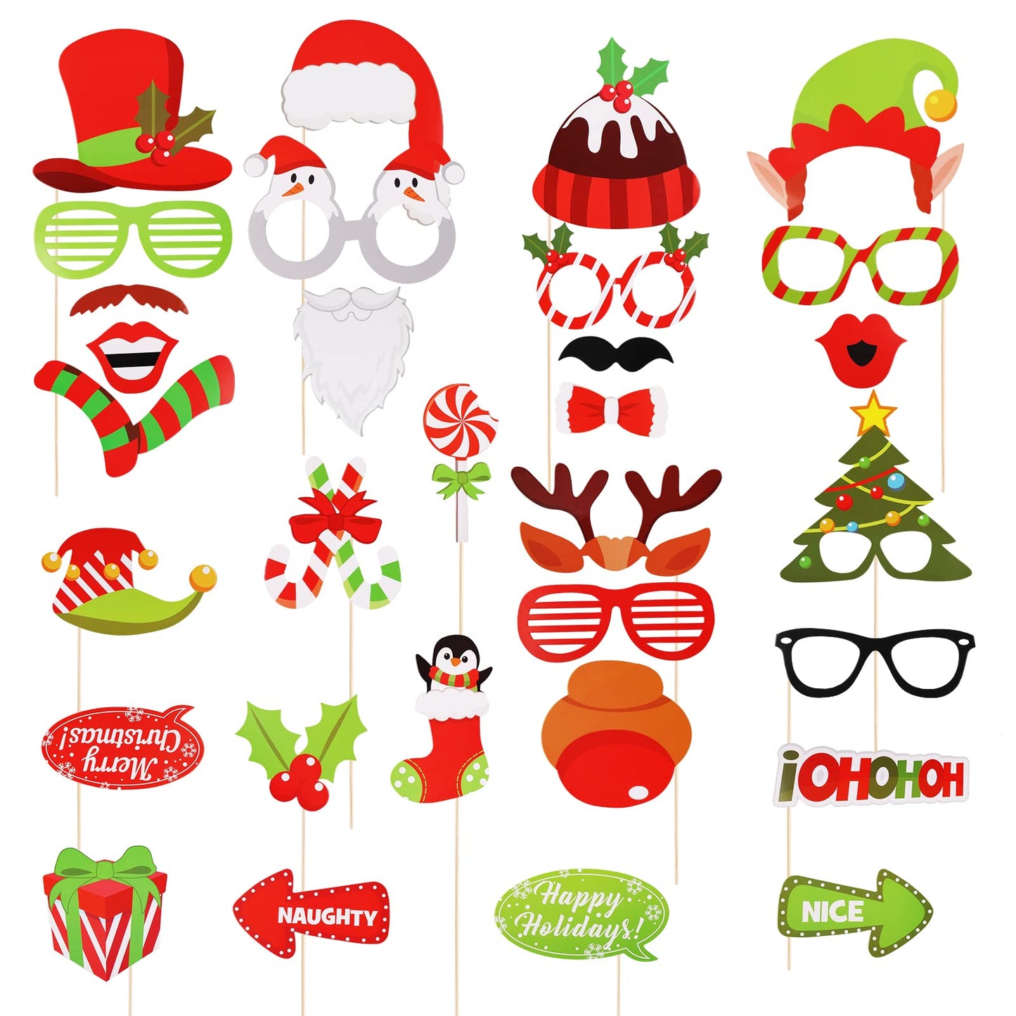cobee Christmas Party Photo Booth Props, 32 Pcs Creative Happy Christmas Pose Sign Kit, Xmas Party Props Glasses, Funny Christmas DIY Selfie Props for Adults Kids Xmas Decoration Supplies